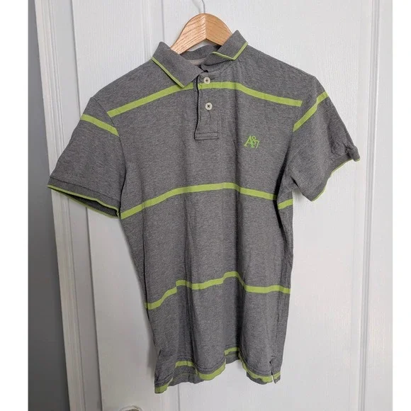 Aeropostale Mens S Polo Shirt Gray Lime Green Striped Short Sleeve A87 Cotton - Picture 2 of 7